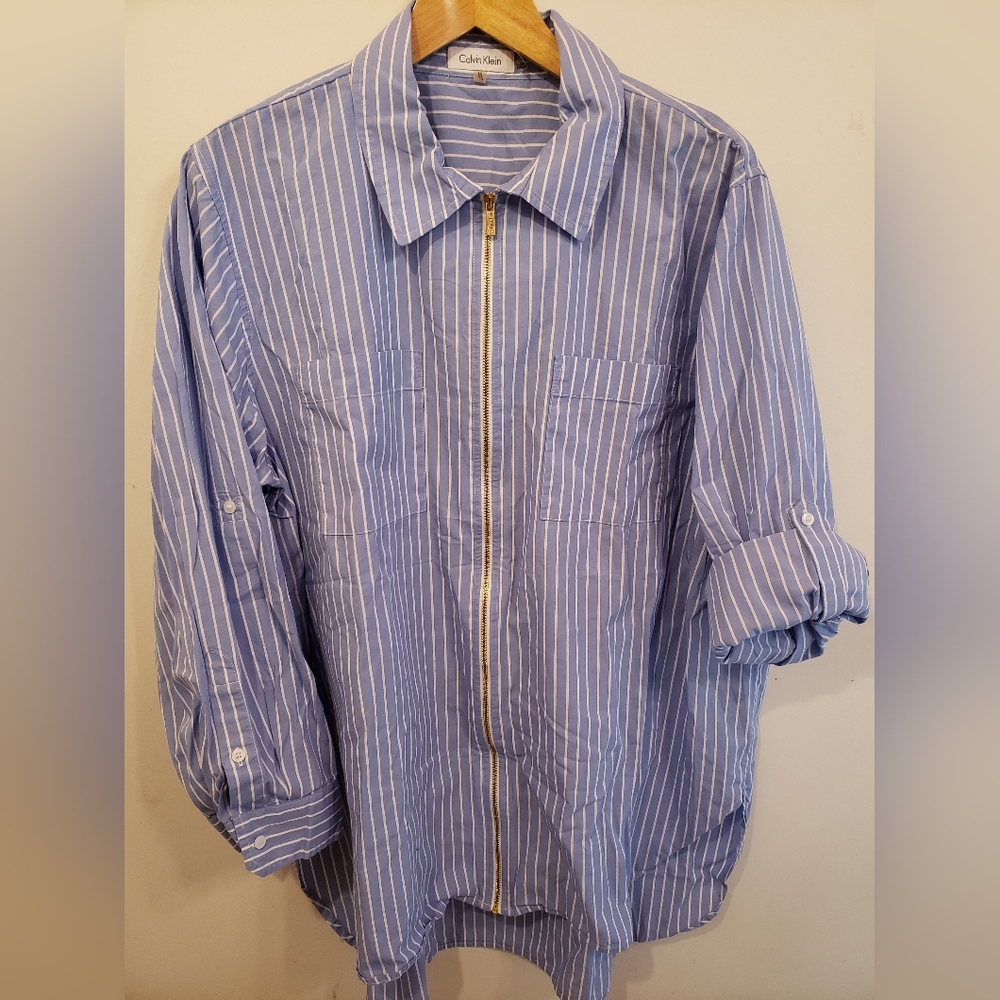 Calvin Klein blue and white stripe zip front 100% cotton tunic size 1X